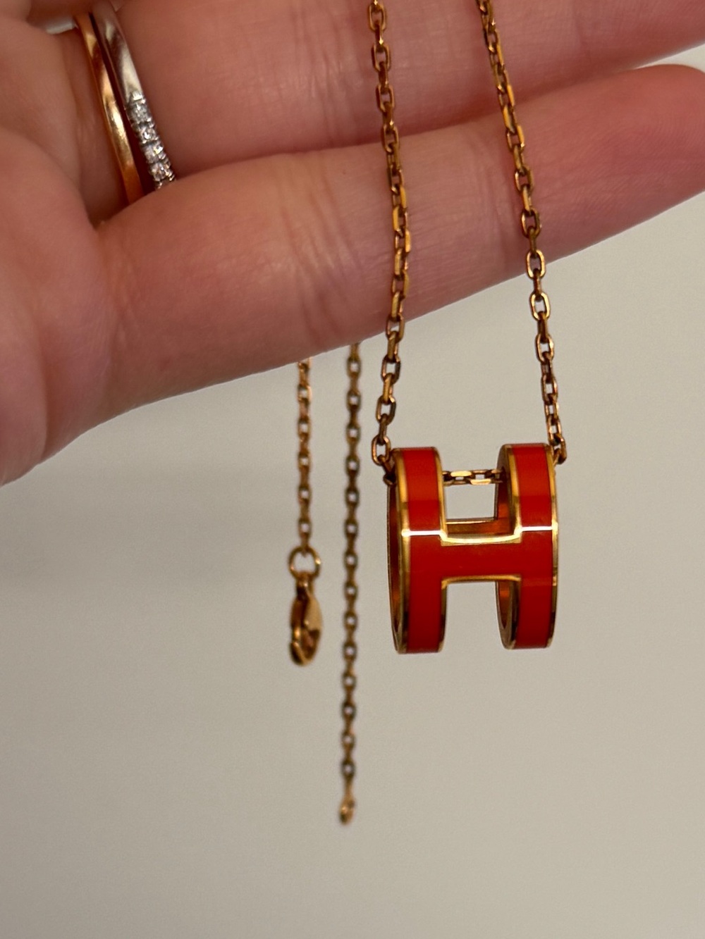 Authentic Hermes Necklace Orange H rose gold chain